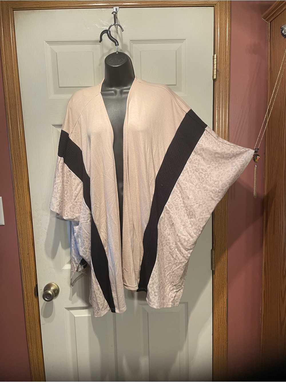 Light  tan and Black Draped Open-Front Women's Kimono Jacket
